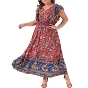 Plus Size Dress for Floral Ruffle Sleeve Boho Maxi Dresses Red